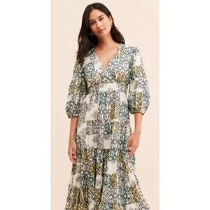 Anthropologie Boho Tiered Midi Dress V-Neck Textured Womens Size Large White